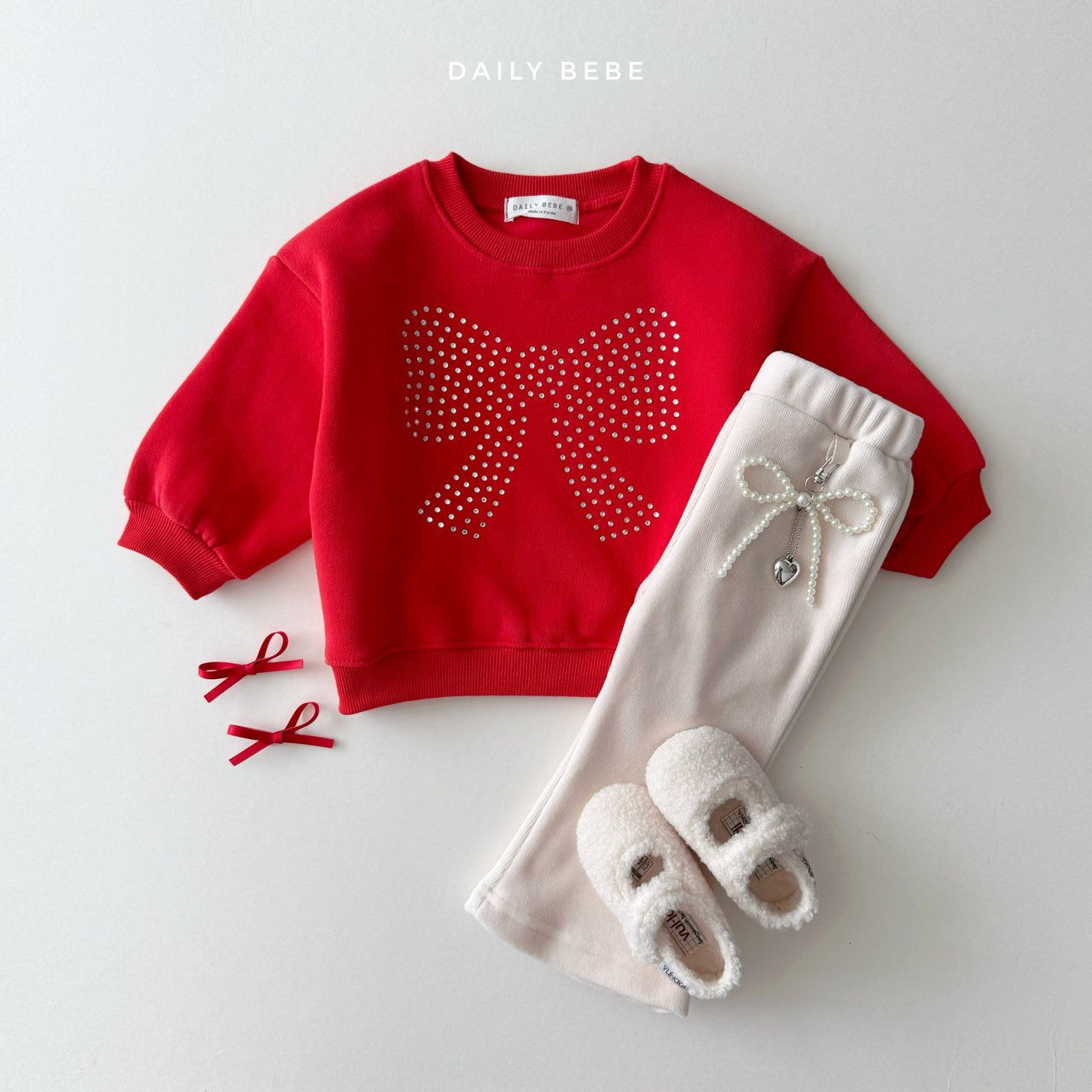 (Pre-order) Daily Bebe - Kids’ Ribbon Cubic Sweatshirt 리본 큐빅 맨투맨 (2 Colors)