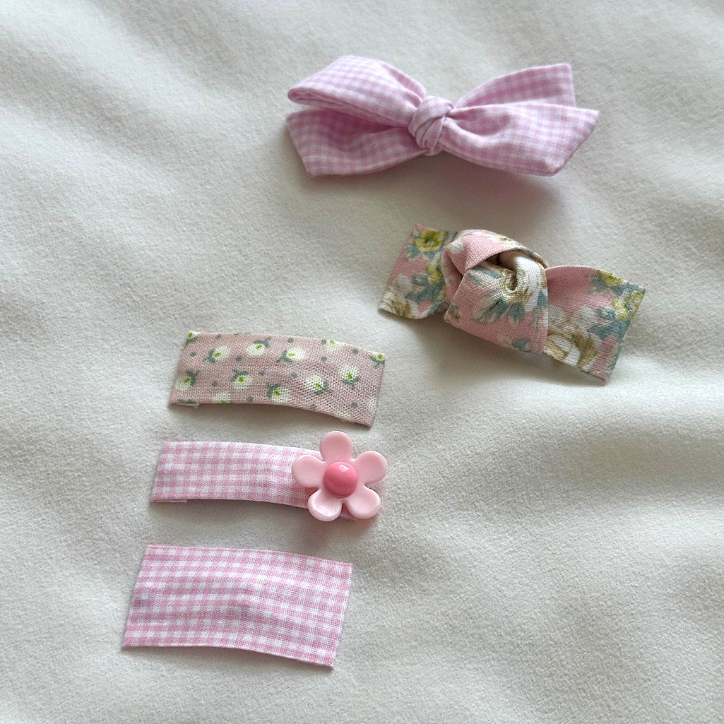 (Chenny Bong Bong) Kids’ Blossom Pink Gingham Hair Clips 4-piece Set