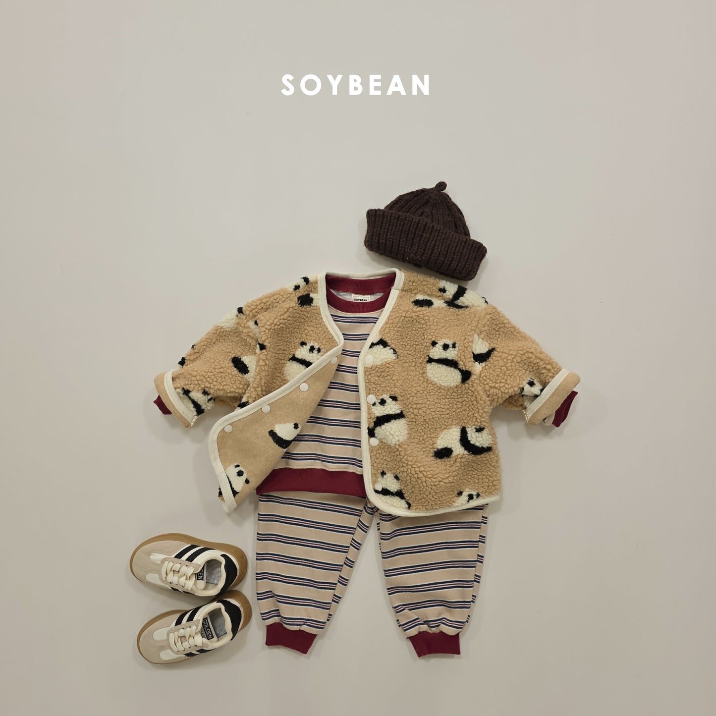 (Pre-order) Soybean Kids Winter - Color Block Stripe Fleece-Lined Top & Bottom Set 톡톡줄배색상하복 (3 Colors)