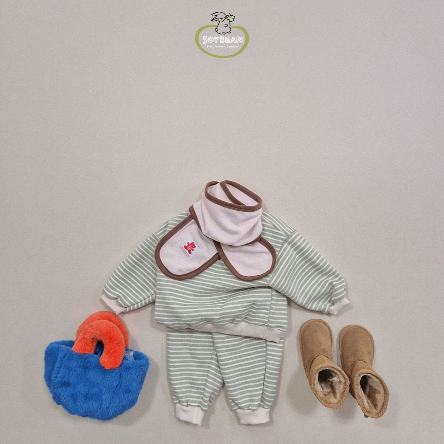 (Pre-order) Soybean Kids - Striped Fleece-Lined Top & Bottom Set 양기모단가라상하복 (4 Colors)