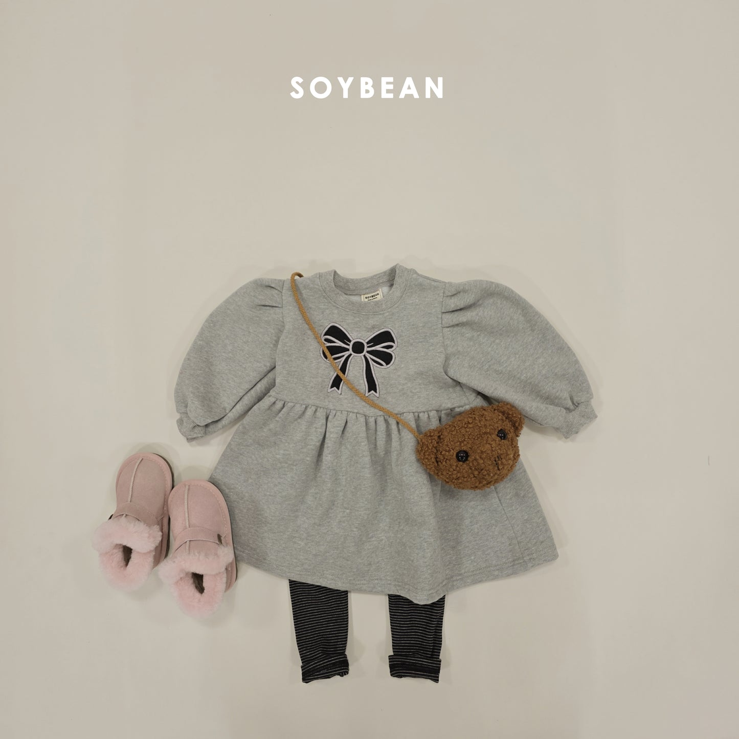 (Pre-order) Soybean Kids Winter - Ribbon Fleece-Lined Sweatshirt Dress 리본양기모맨투맨OPS (2 Colors)