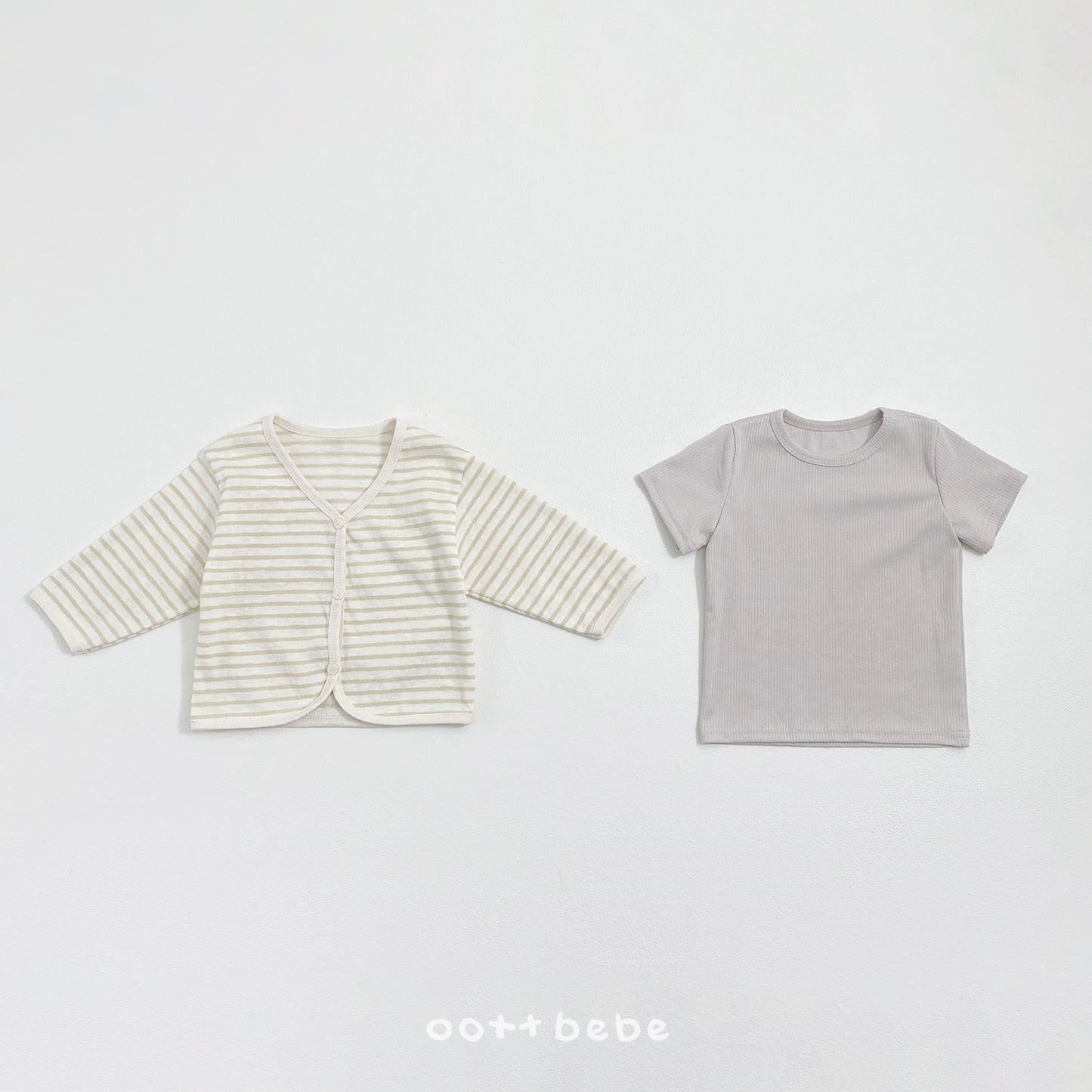 (Pre-order) OOTTBEBE Summer- Pale Striped Cardigan Set (Tee + Cardigan) 페일단가라가디건Set (티셔츠+가디건) (4 Colors)