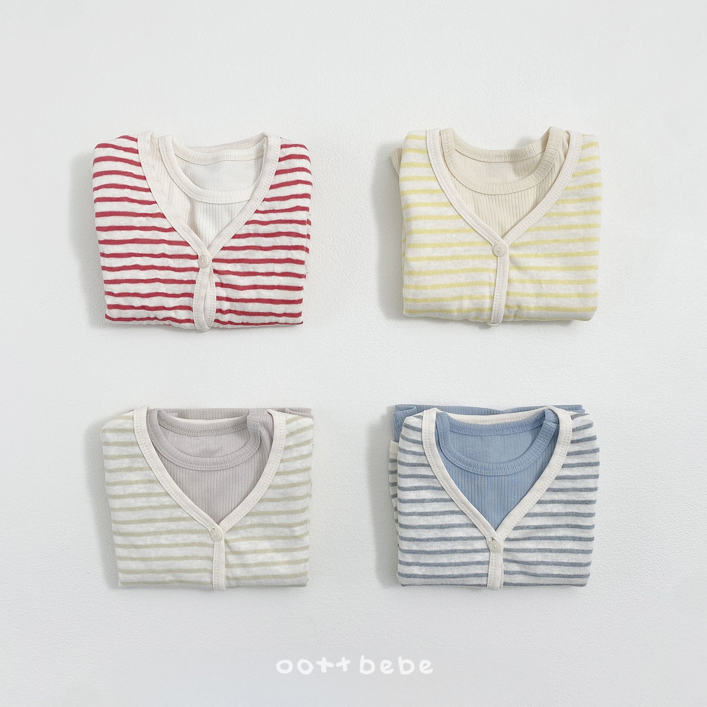 (Pre-order) OOTTBEBE Summer- Pale Striped Cardigan Set (Tee + Cardigan) 페일단가라가디건Set (티셔츠+가디건) (4 Colors)