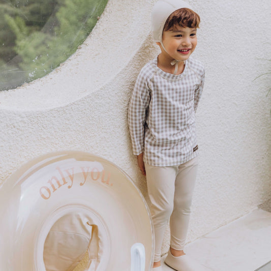 (Pre-order) KoongsKoongs Kids’ Premium Top & Bottom Beige Check Rashguard Set