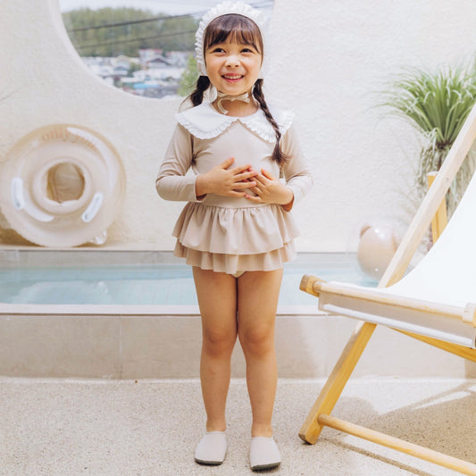 (Pre-order) KoongsKoongs Kids’ Premium Chouchou Ruffle Rash Guard Dress Set (Ivory)