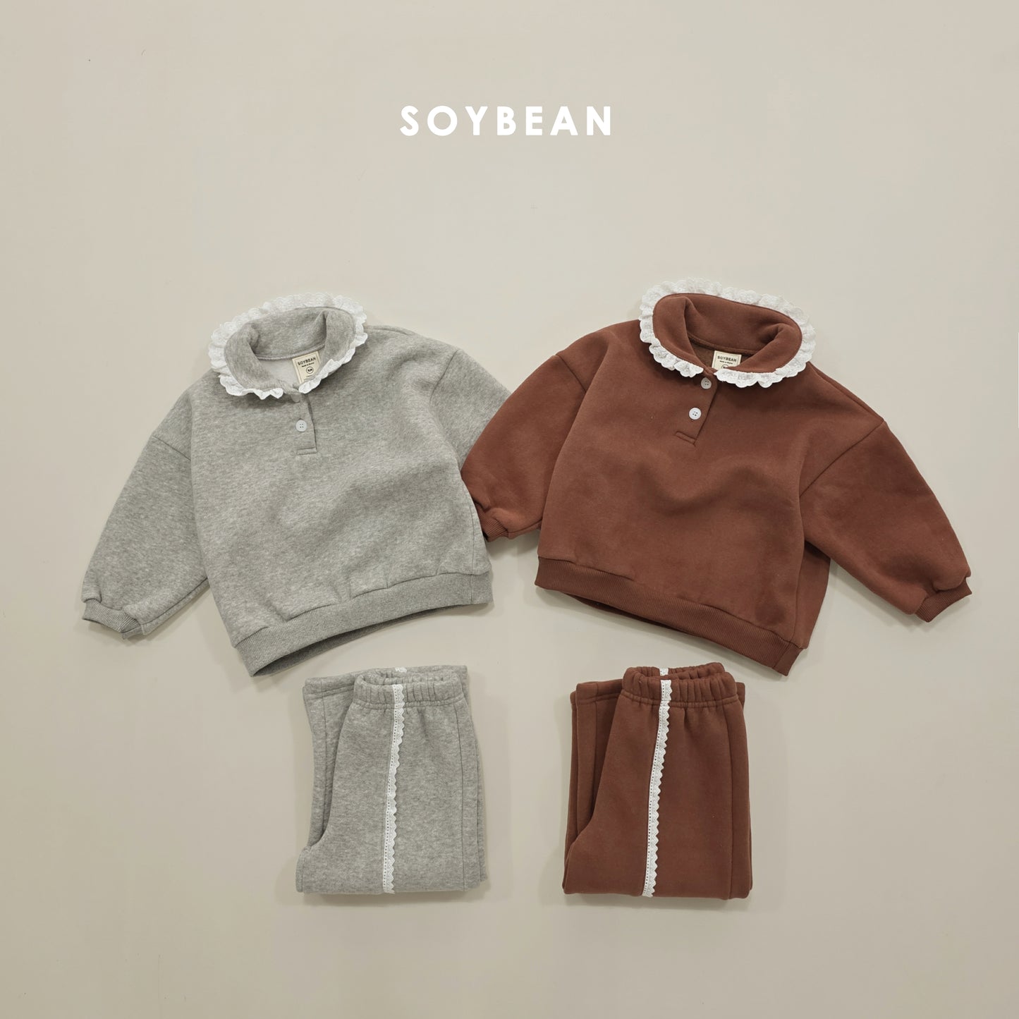 (Pre-order) Soybean Kids Winter - Collar Frill Fleece-Lined Top & Bottom Set 카라프릴양기모상하 (2 Colors)
