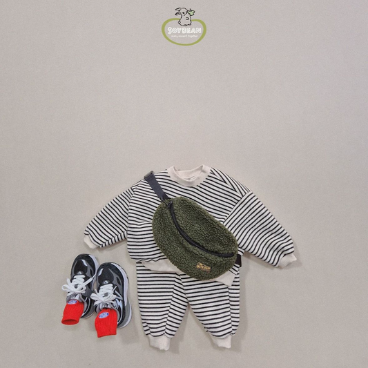 (Pre-order) Soybean Kids - Striped Fleece-Lined Top & Bottom Set 양기모단가라상하복 (4 Colors)