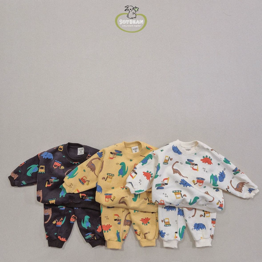 (Pre-order) Soybean Kids - Dinosaur Fleece-Lined Top & Bottom Set 양기모공룡상하복 (3 Colors)