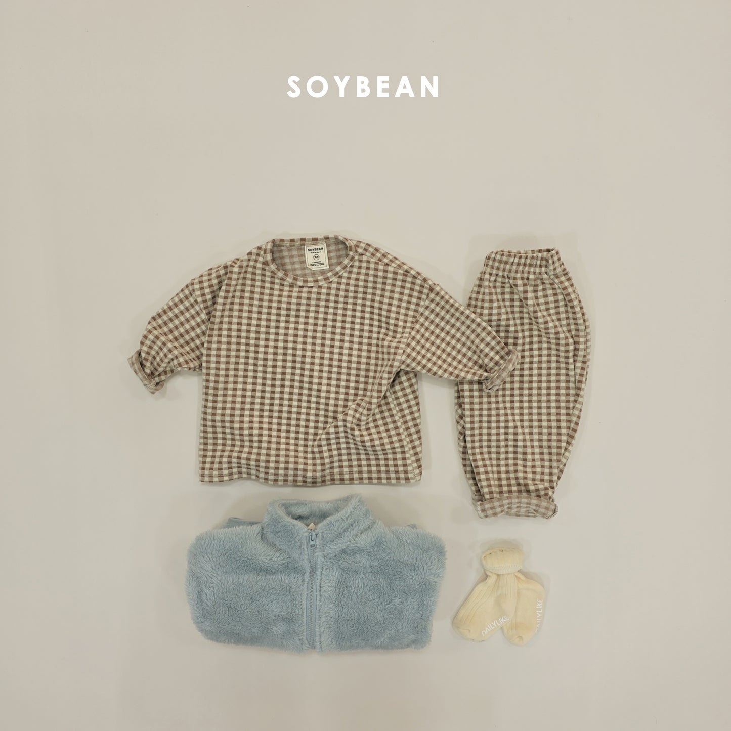 (Pre-order) Soybean Kids Winter - Check Cozy Fleece Top & Bottom Set 체크몽글실내복 (3 Colors)
