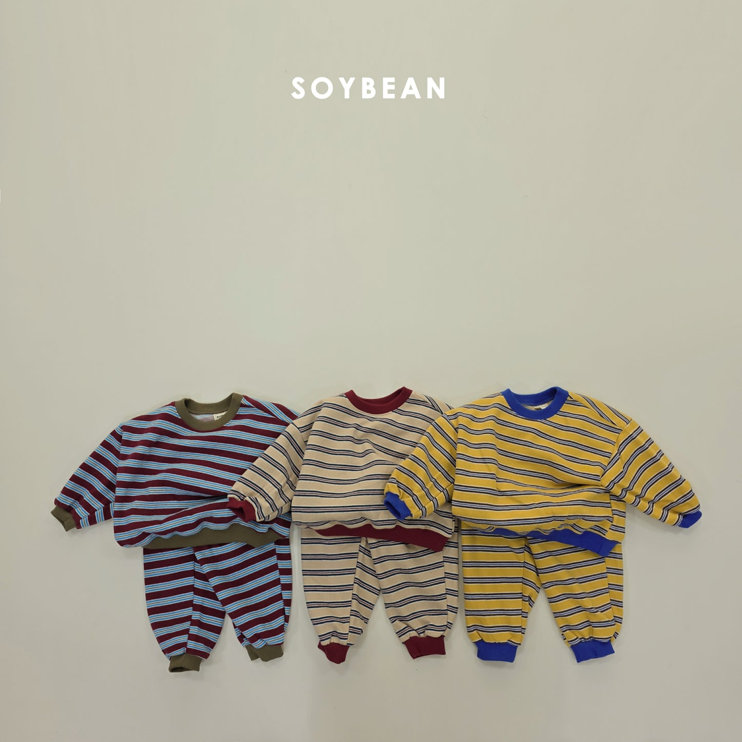 (Pre-order) Soybean Kids Winter - Color Block Stripe Fleece-Lined Top & Bottom Set 톡톡줄배색상하복 (3 Colors)