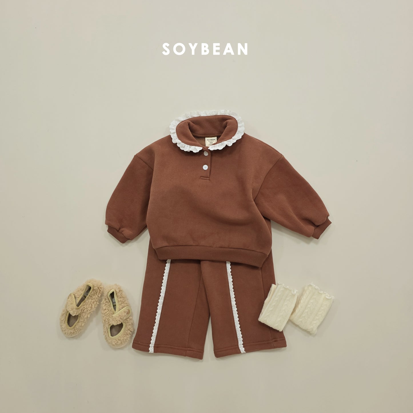 (Pre-order) Soybean Kids Winter - Collar Frill Fleece-Lined Top & Bottom Set 카라프릴양기모상하 (2 Colors)