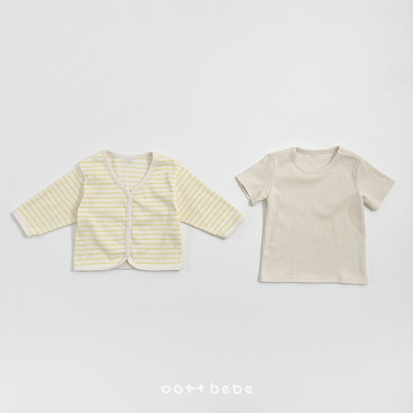 (Pre-order) OOTTBEBE Summer- Pale Striped Cardigan Set (Tee + Cardigan) 페일단가라가디건Set (티셔츠+가디건) (4 Colors)