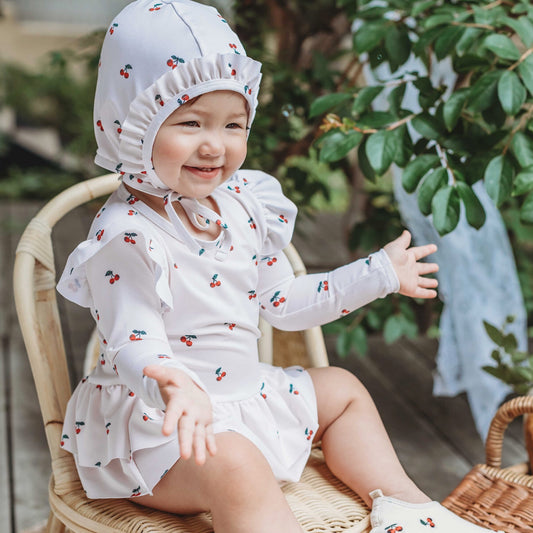 (Pre-order) KoongsKoongs Kids’ Premium Le Cherry Ruffle Rash Guard Dress Set (Ivory)