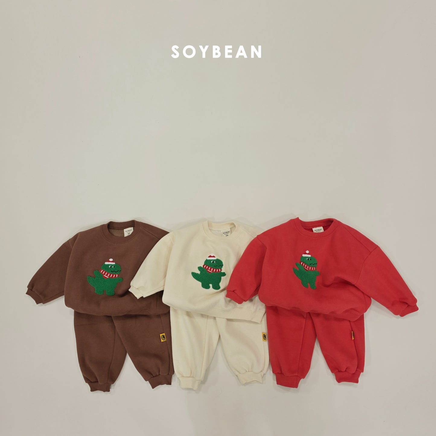 (Pre-order) Soybean Kids Winter - Dinosaur Bouclé Embroidery Fleece-Lined Top & Bottom Set 공룡부클자수상하복 (3 Colors)