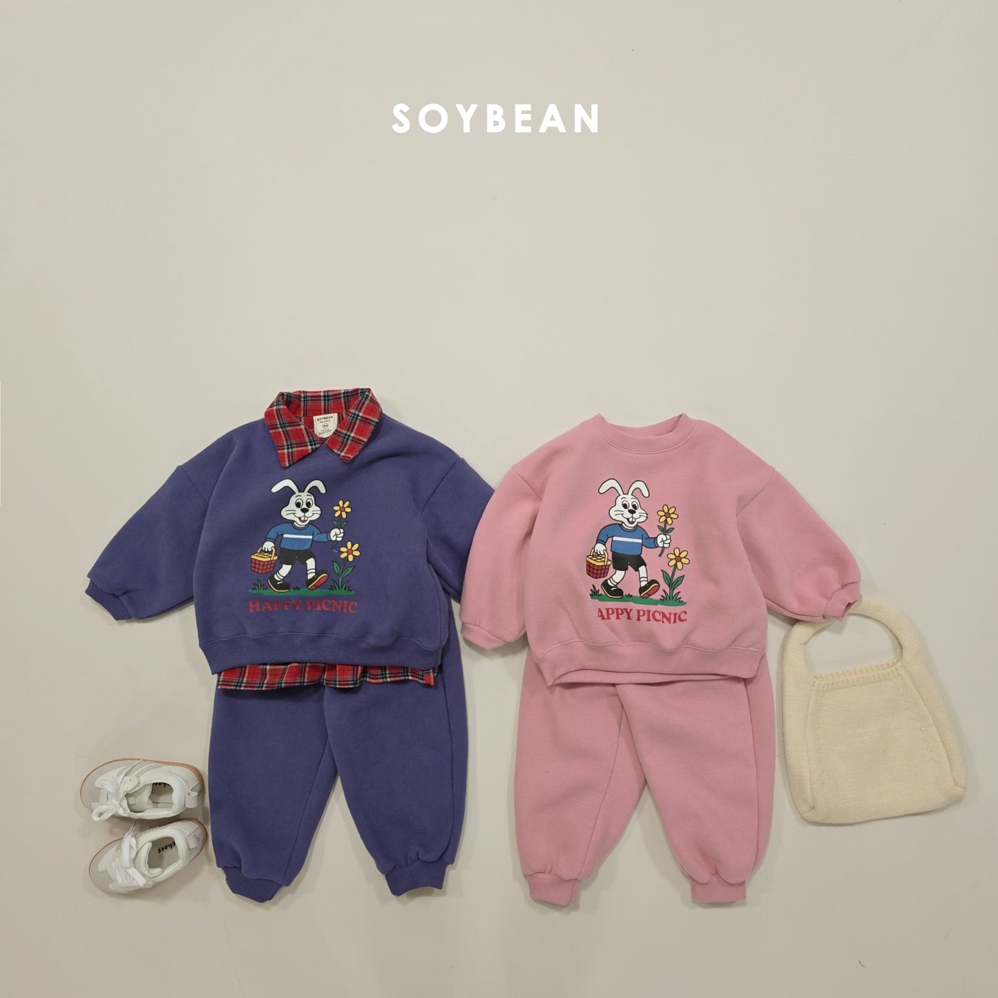 (Pre-order) Soybean Kids Winter - Picnic Fleece-Lined Top & Bottom Set 피크닉양기모상하 (2 Colors)
