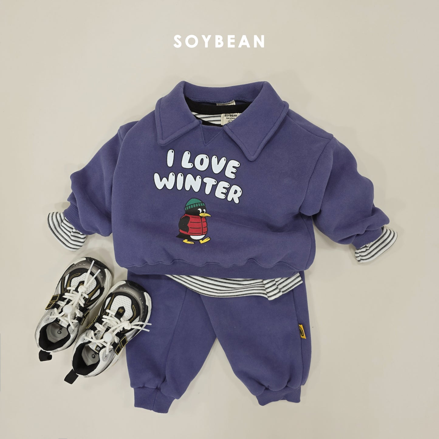 (Pre-order) Soybean Kids Winter - Cozy Penguin Collar Fleece-Lined Top & Bottom Set 포근펭귄카라상하복 (2 Colors)