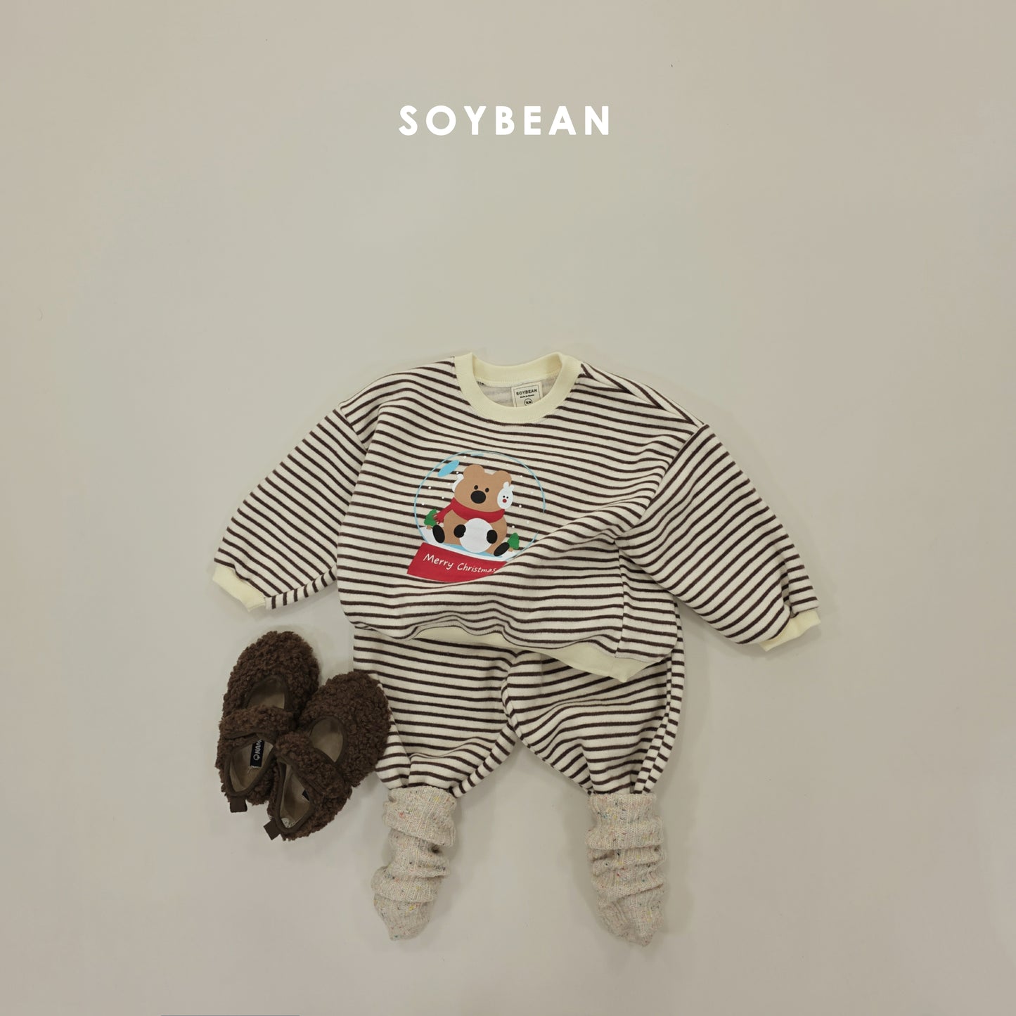(Pre-order) Soybean Kids Winter - Snowball Stripe Fleece-Lined Top & Bottom Set 스노우볼단가라상하 (3 Colors)