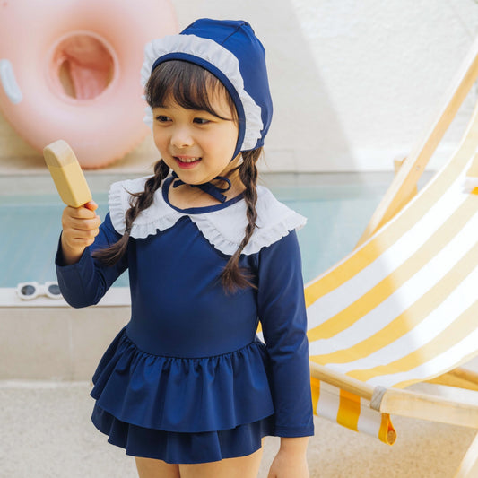 (Pre-order) KoongsKoongs Kids’ Premium Chouchou Ruffle Rash Guard Dress Set (Navy)