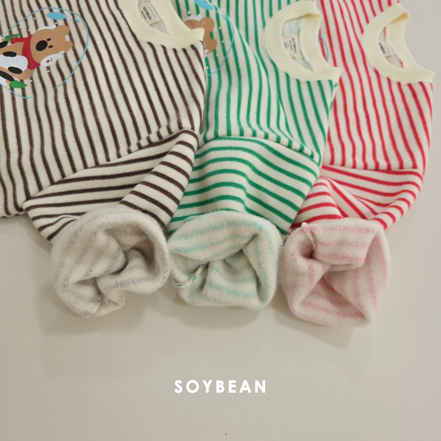 (Pre-order) Soybean Kids Winter - Snowball Stripe Fleece-Lined Top & Bottom Set 스노우볼단가라상하 (3 Colors)