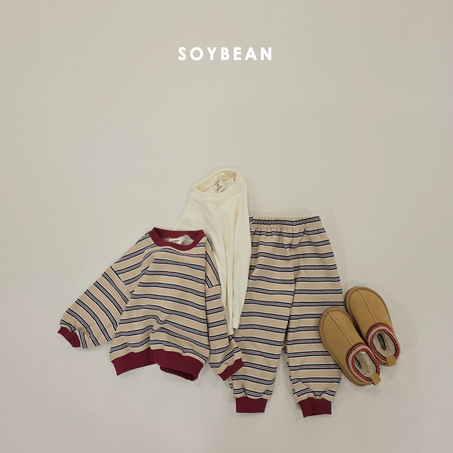 (Pre-order) Soybean Kids Winter - Color Block Stripe Fleece-Lined Top & Bottom Set 톡톡줄배색상하복 (3 Colors)