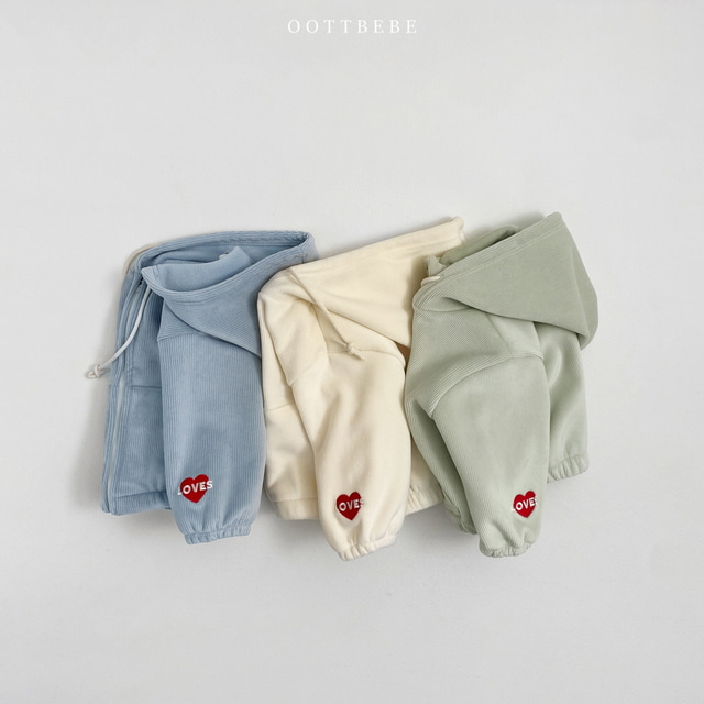 (Pre-order) OOTTBEBE - Love Ribbed Hoodie Zip-Up 러브골지후드점퍼 (3 Colors)