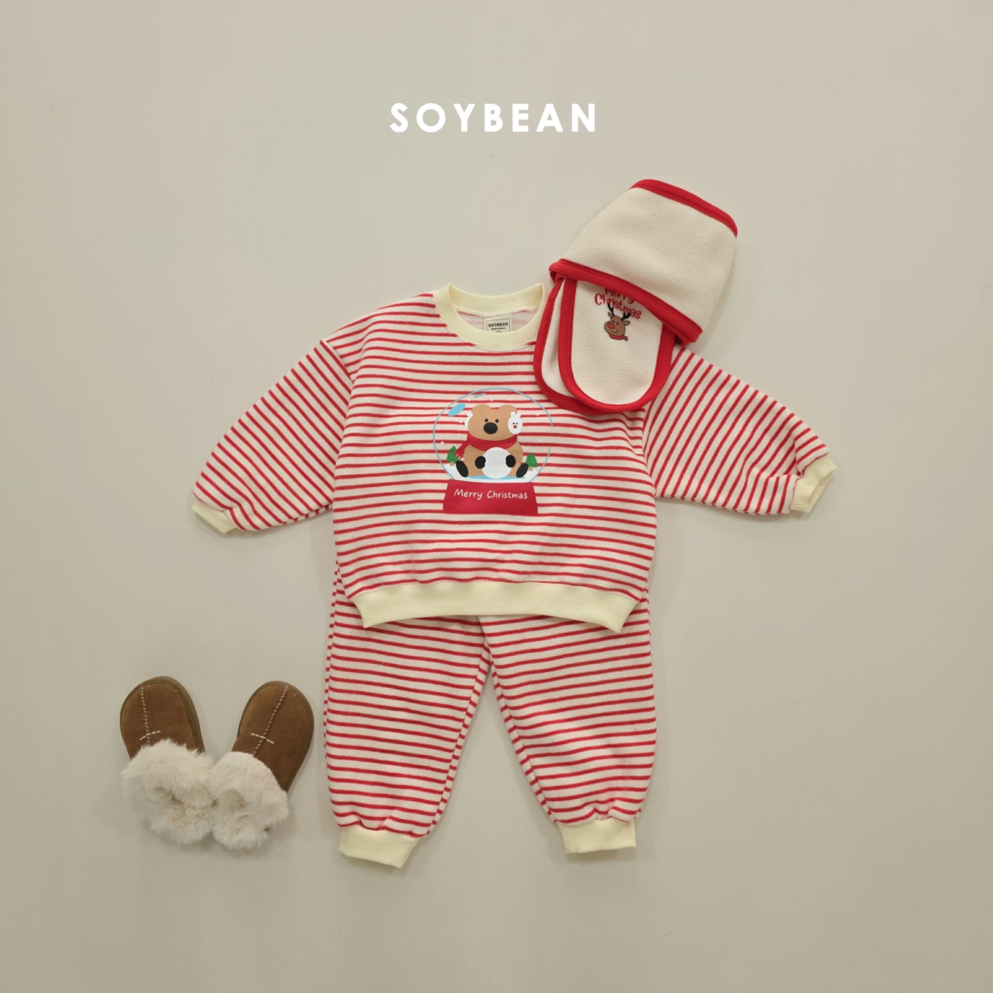 (Pre-order) Soybean Kids Winter - Snowball Stripe Fleece-Lined Top & Bottom Set 스노우볼단가라상하 (3 Colors)