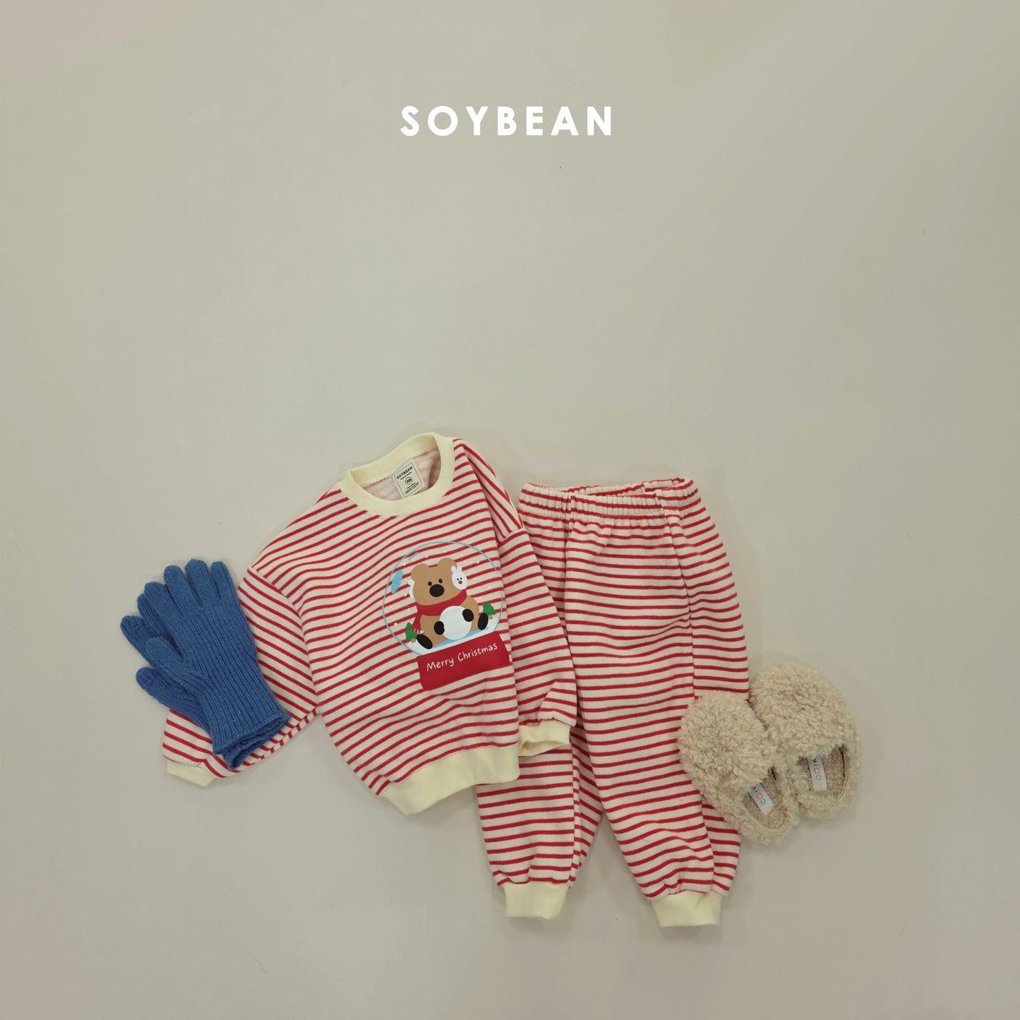 (Pre-order) Soybean Kids Winter - Snowball Stripe Fleece-Lined Top & Bottom Set 스노우볼단가라상하 (3 Colors)
