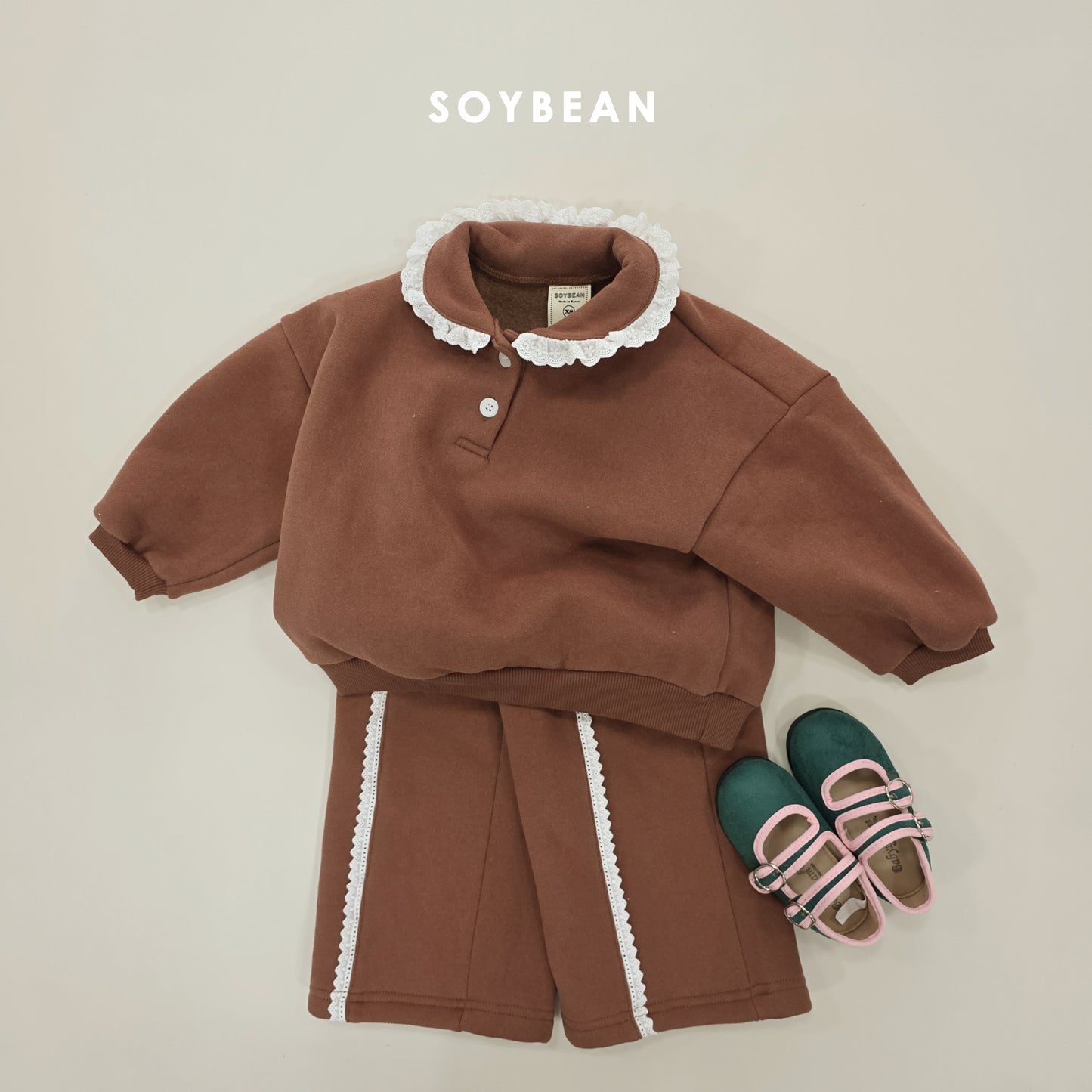 (Pre-order) Soybean Kids Winter - Collar Frill Fleece-Lined Top & Bottom Set 카라프릴양기모상하 (2 Colors)