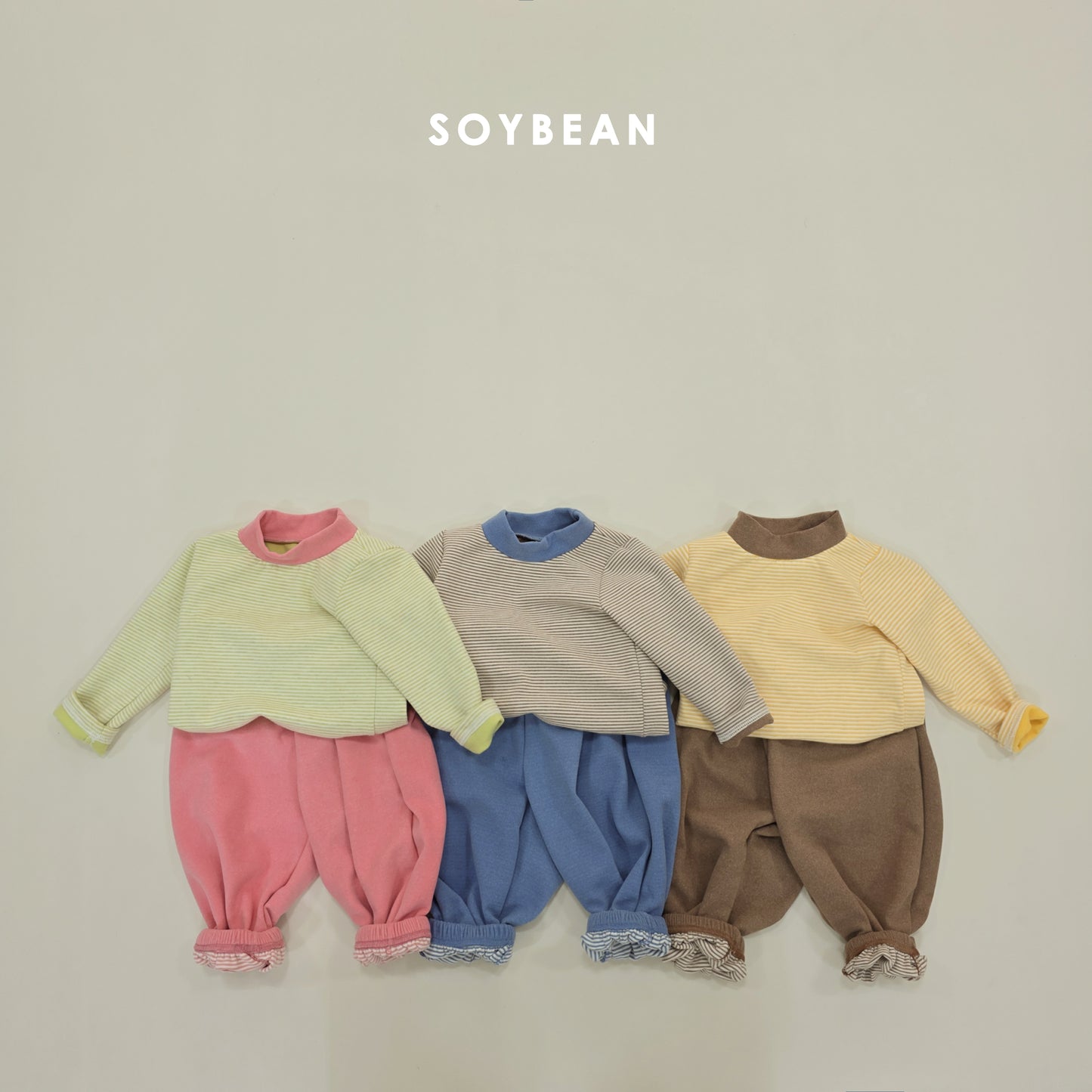 (Pre-order) Soybean Kids Winter - Bong Bong Stripe Fleece-Lined Top & Bottom Set 봉봉단가라상하 (3 Colors)