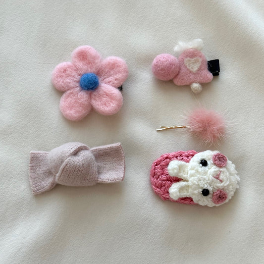 (Chenny Bong Bong) Kids’ Pink Flower Bunny Hair Clips 5-piece Set