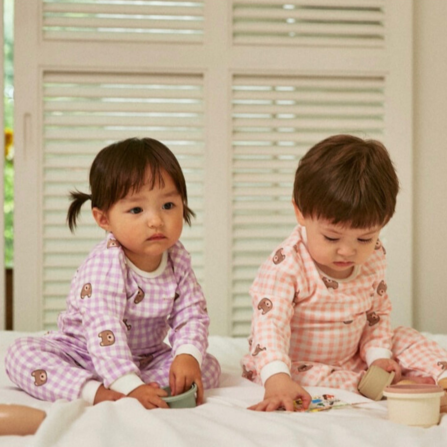 (COCOHANI) Cotton Gingham Check Long Sleeve Pajama Set (4 Colors)