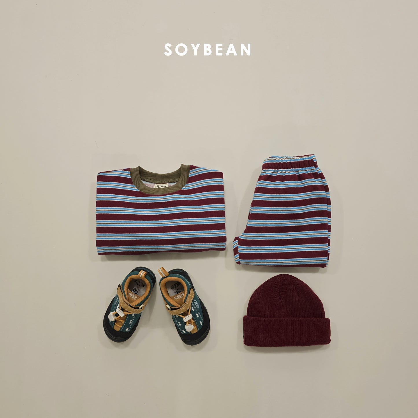 (Pre-order) Soybean Kids Winter - Color Block Stripe Fleece-Lined Top & Bottom Set 톡톡줄배색상하복 (3 Colors)