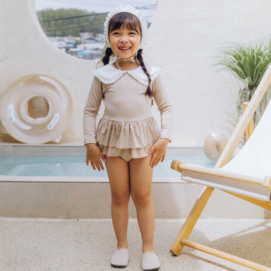 (Pre-order) KoongsKoongs Kids’ Premium Chouchou Ruffle Rash Guard Dress Set (Ivory)