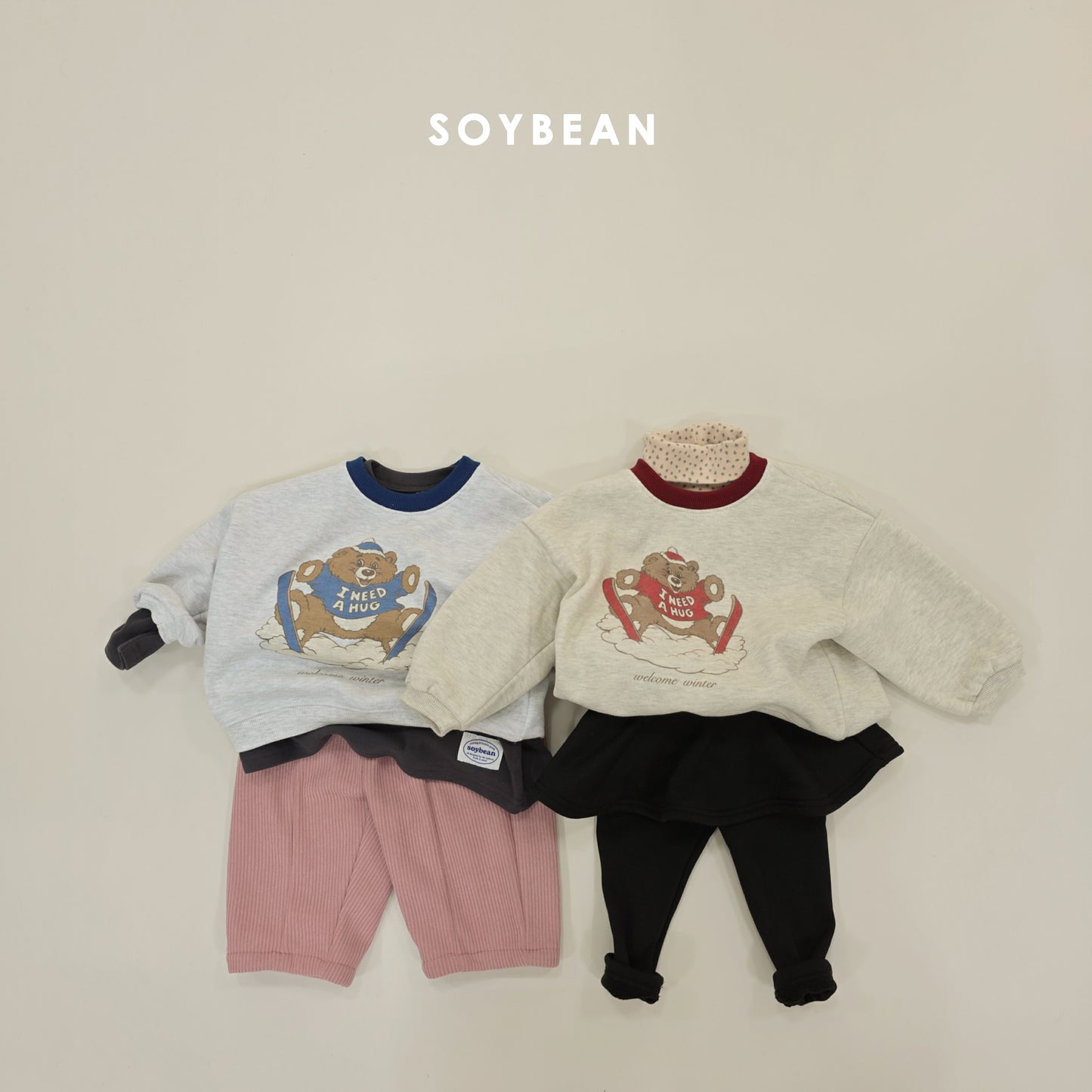 (Pre-order) Soybean Kids Winter - Ski Bear Fleece-Lined Sweatshirt 스키곰양기모맨투맨 (2 Colors)