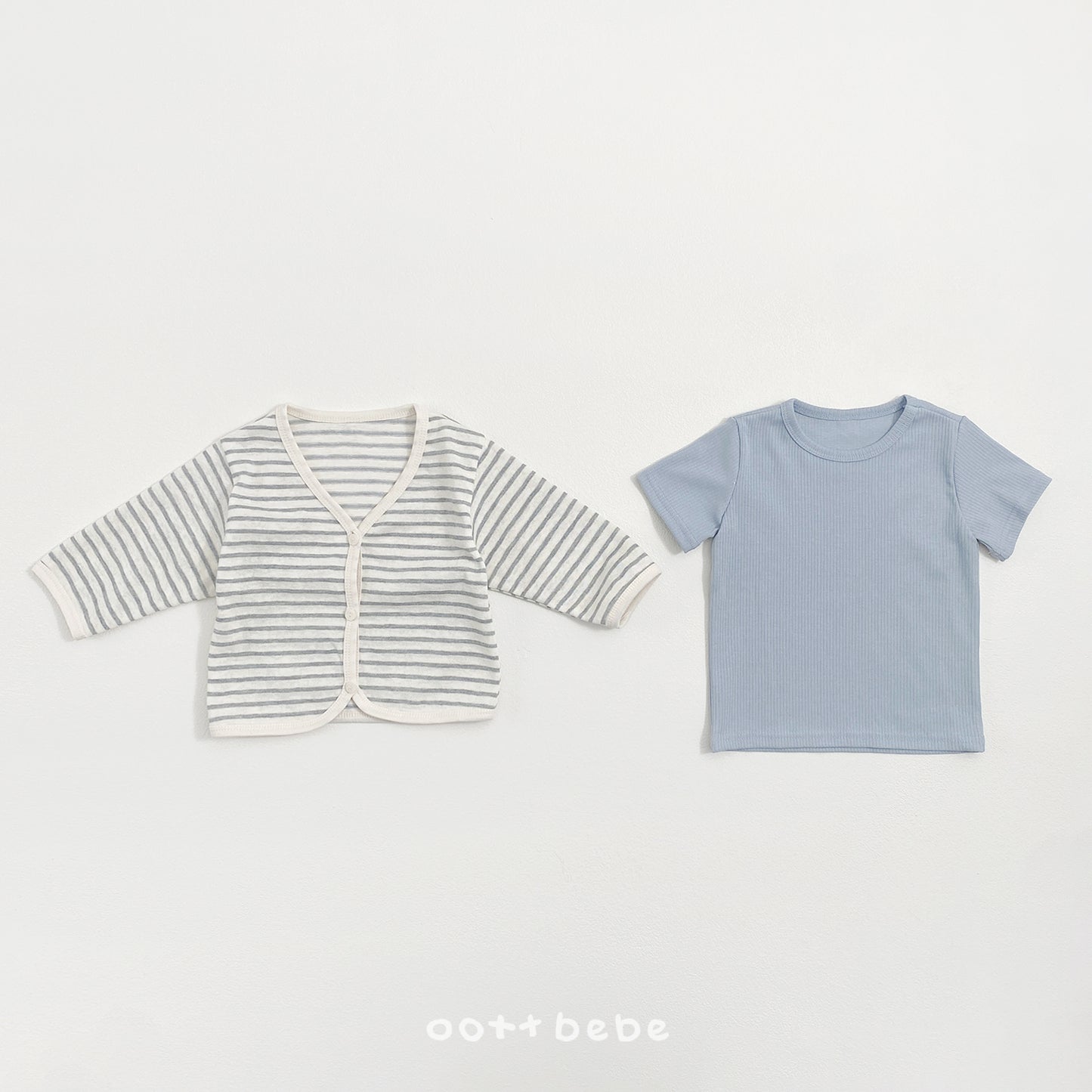(Pre-order) OOTTBEBE Summer- Pale Striped Cardigan Set (Tee + Cardigan) 페일단가라가디건Set (티셔츠+가디건) (4 Colors)