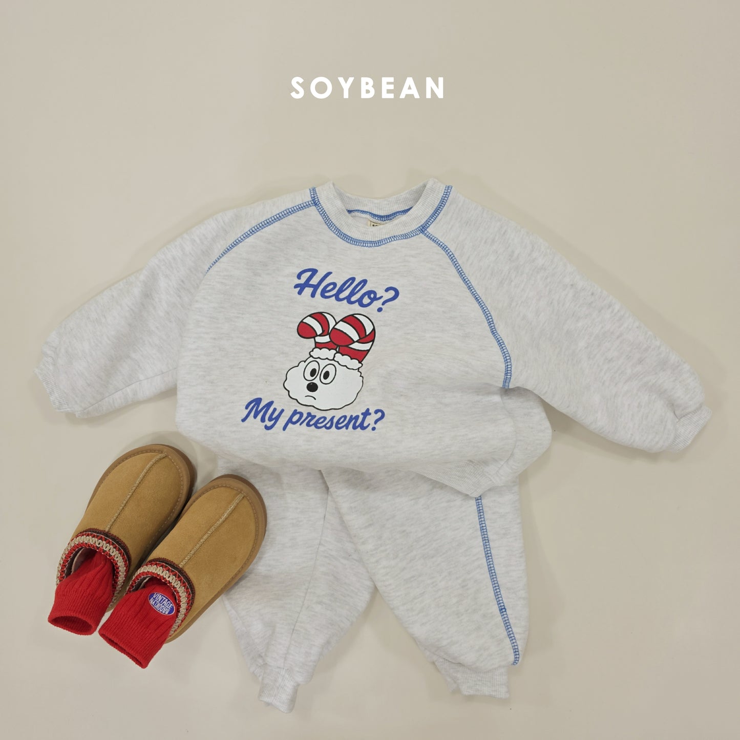 (Pre-order) Soybean Kids Winter - Cloud Bunny Fleece-Lined Top & Bottom Set 양기모구름토끼상하 (3 Colors)