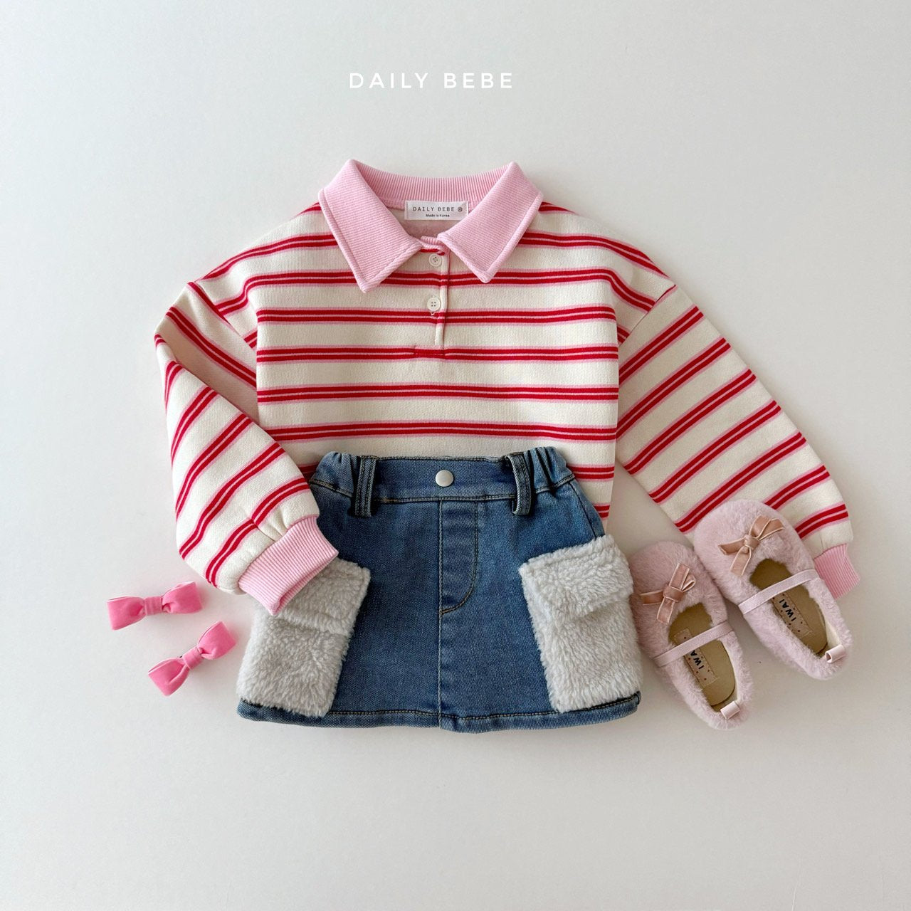 (Pre-order) Daily Bebe - Kids’ Denim Skirt with Fleece Pockets 카고 양털치마