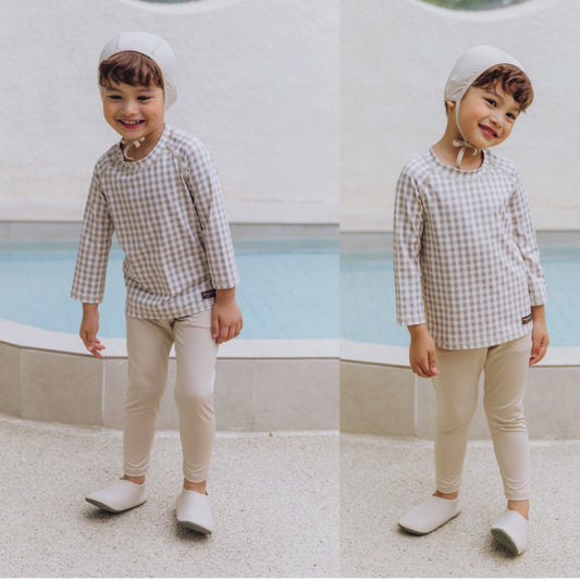 (Pre-order) KoongsKoongs Kids’ Premium Top & Bottom Beige Check Rashguard Set