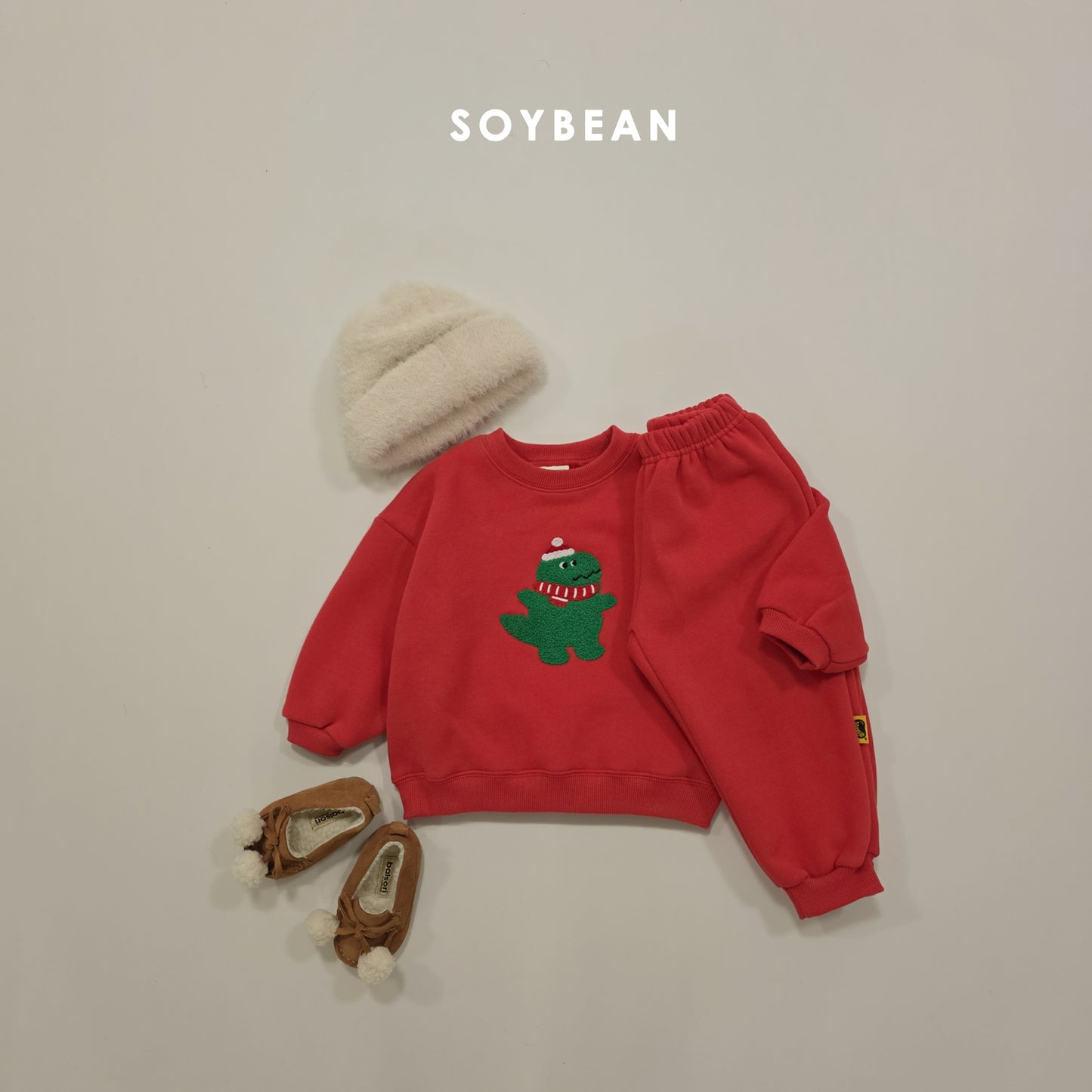 (Pre-order) Soybean Kids Winter - Dinosaur Bouclé Embroidery Fleece-Lined Top & Bottom Set 공룡부클자수상하복 (3 Colors)