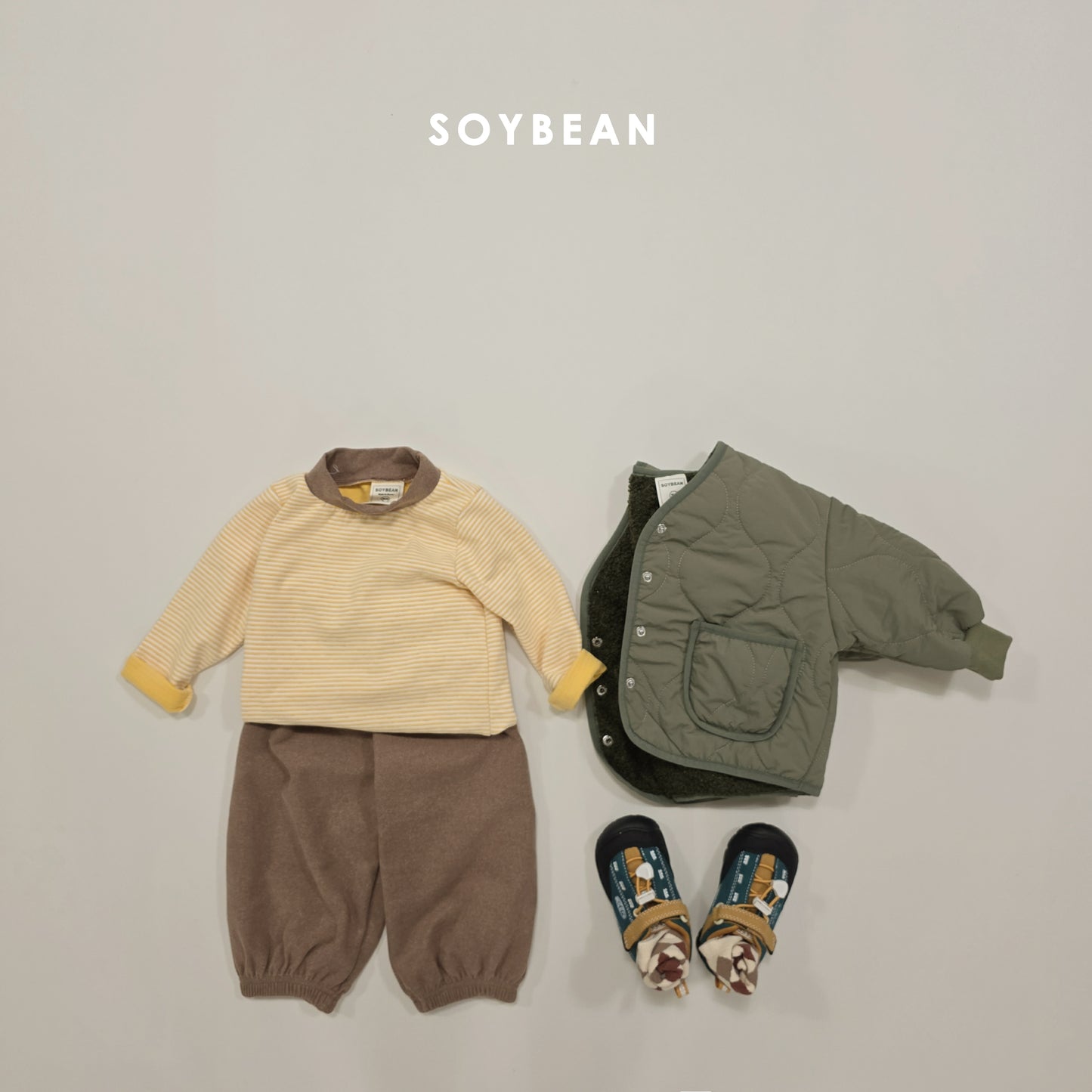 (Pre-order) Soybean Kids Winter - Bong Bong Stripe Fleece-Lined Top & Bottom Set 봉봉단가라상하 (3 Colors)
