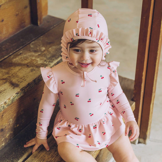 (Pre-order) KoongsKoongs Kids’ Premium Le Cherry Ruffle Rash Guard Dress Set (Pink)