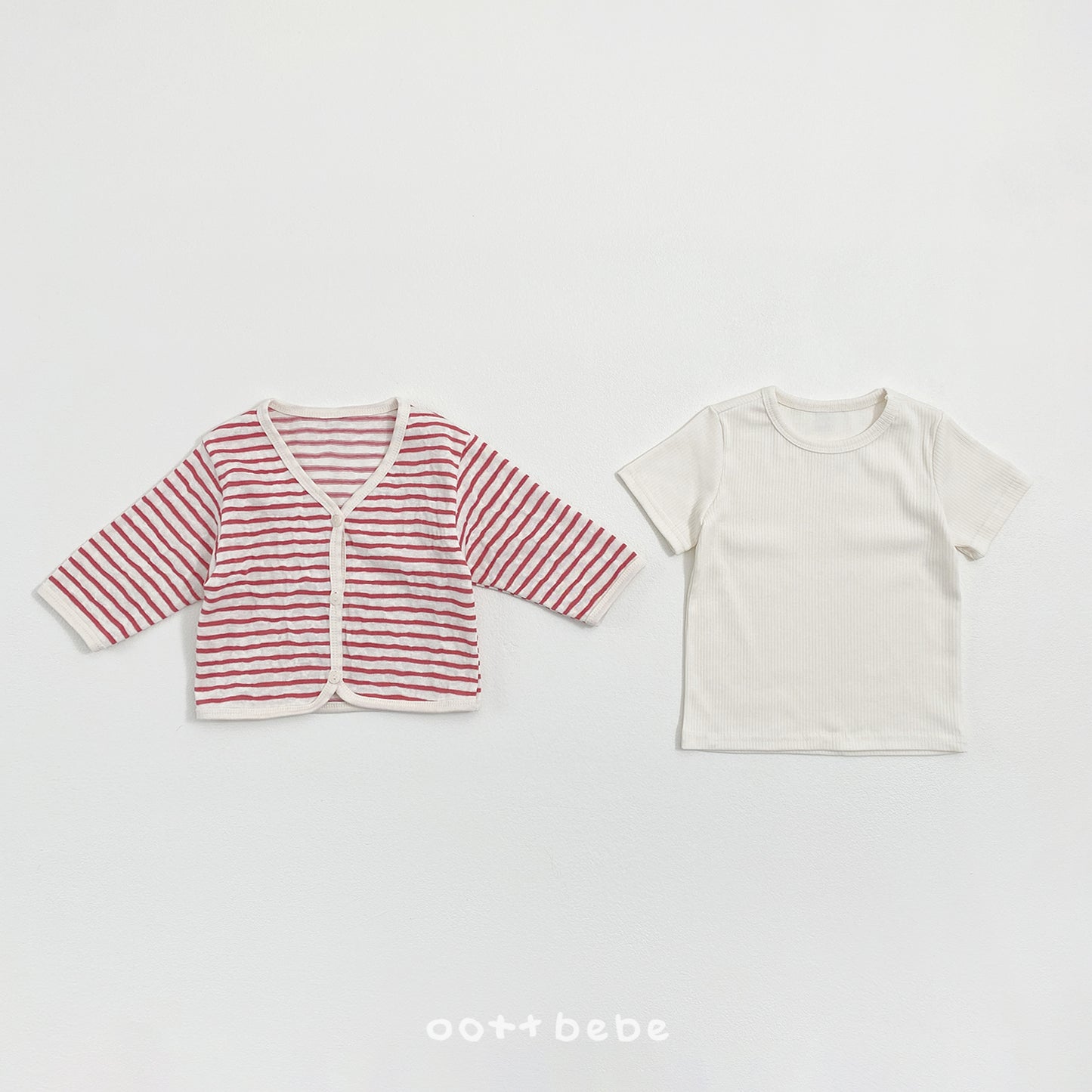 (Pre-order) OOTTBEBE Summer- Pale Striped Cardigan Set (Tee + Cardigan) 페일단가라가디건Set (티셔츠+가디건) (4 Colors)
