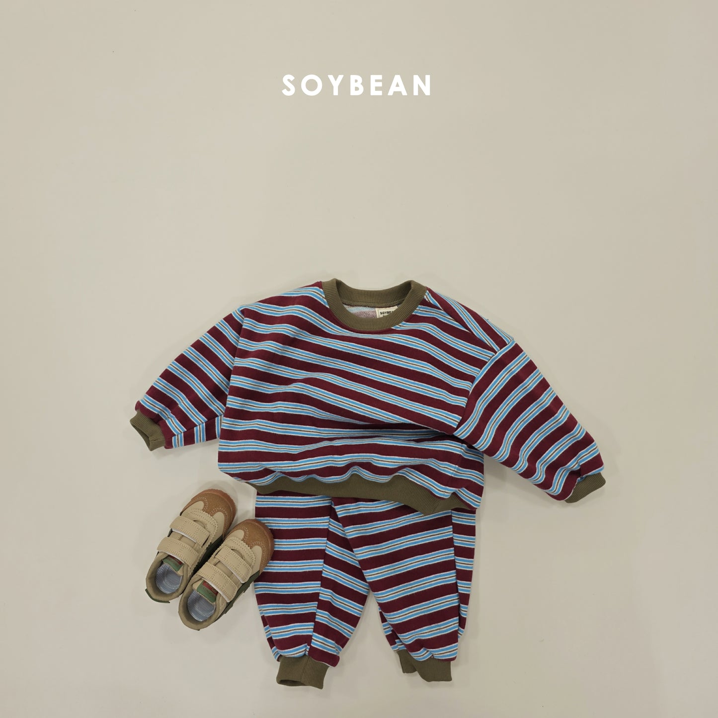 (Pre-order) Soybean Kids Winter - Color Block Stripe Fleece-Lined Top & Bottom Set 톡톡줄배색상하복 (3 Colors)