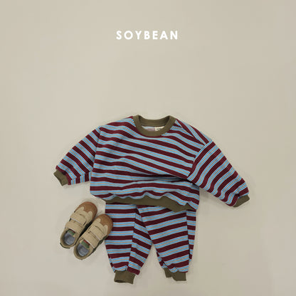 (Pre-order) Soybean Kids Winter - Color Block Stripe Fleece-Lined Top & Bottom Set 톡톡줄배색상하복 (3 Colors)