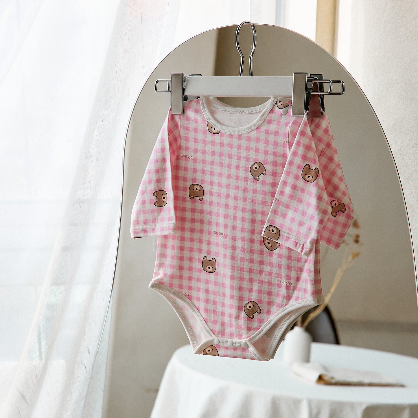 (COCOHANI) 3/4 Sleeve Cotton Modal Gingham Check Bodysuit (4 Colors)