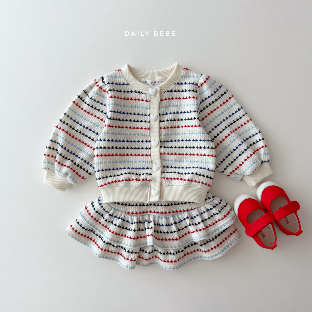 (Pre-order) Daily Bebe Fall - Kids' Heart Button Cardigan & Tiered Skirt Top & Bottom Set 솜사탕세트 (2 Colors)