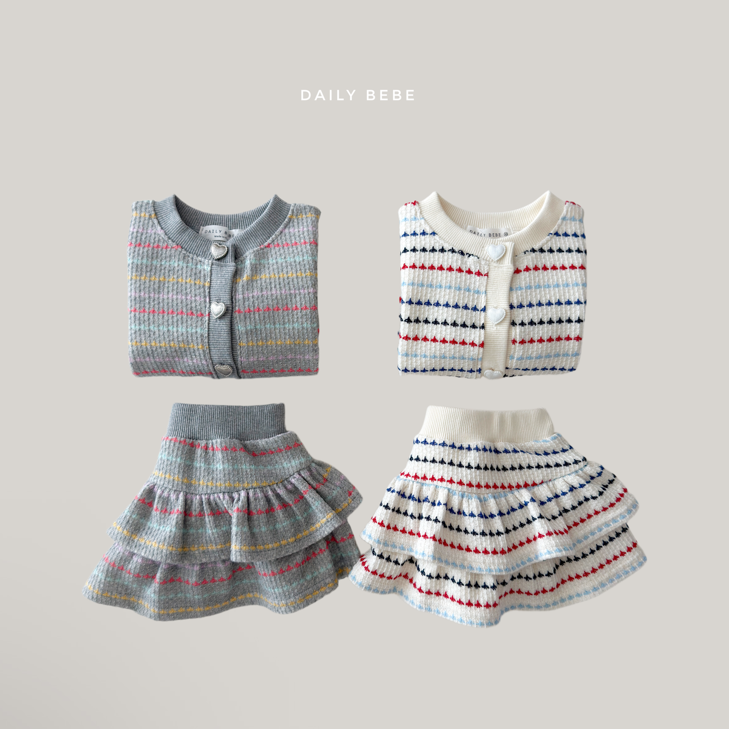 (Pre-order) Daily Bebe Fall - Kids' Heart Button Cardigan & Tiered Skirt Top & Bottom Set 솜사탕세트 (2 Colors)