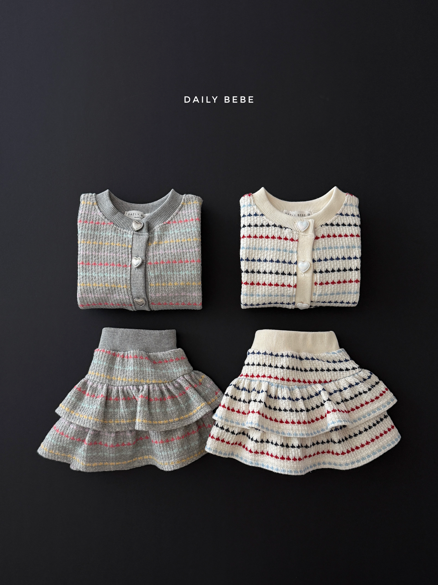 (Pre-order) Daily Bebe Fall - Kids' Heart Button Cardigan & Tiered Skirt Top & Bottom Set 솜사탕세트 (2 Colors)