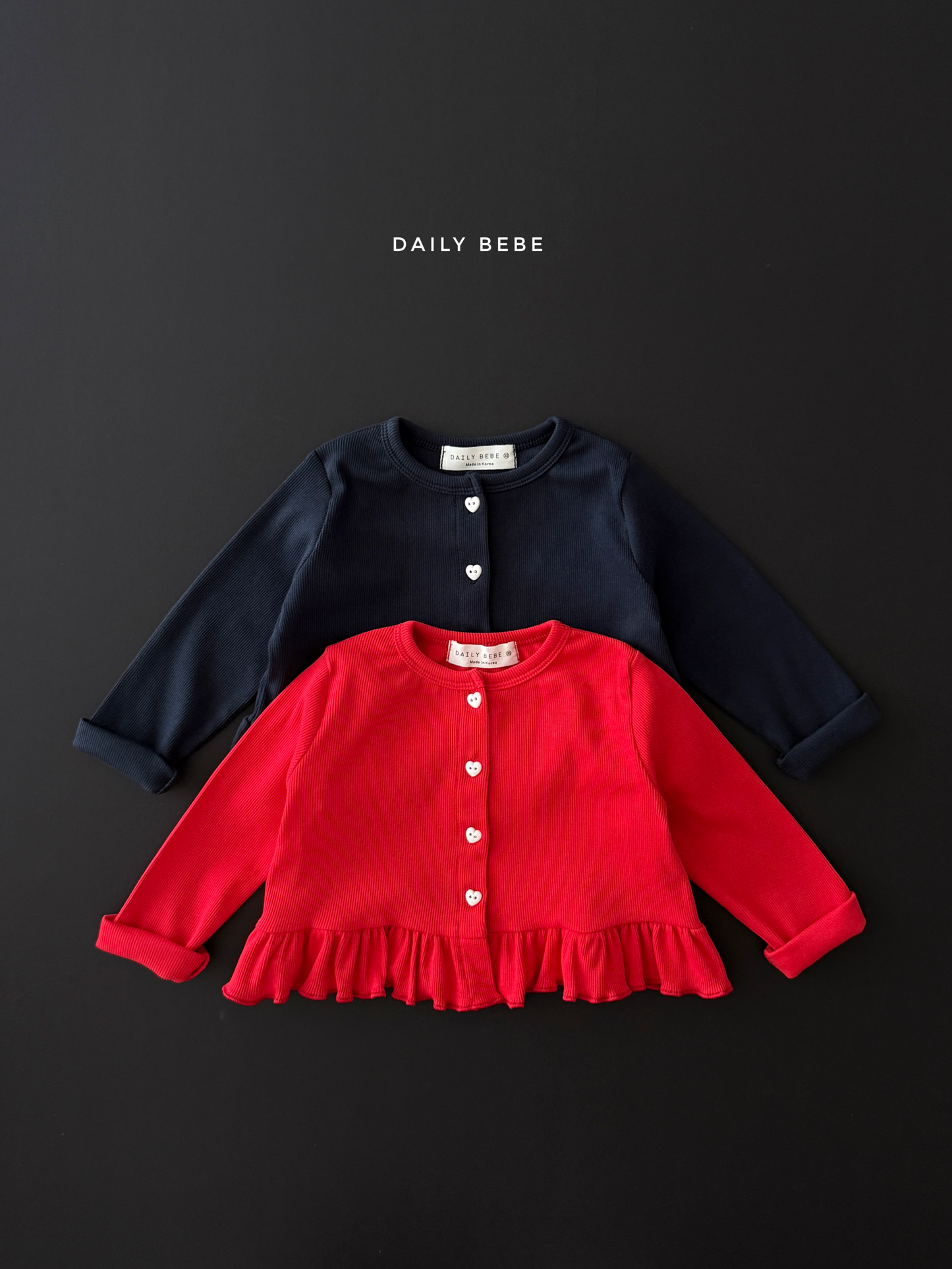 (Pre-order) Daily Bebe Fall - Kids' Ribbed Heart Button Ruffle Cardigan 색종이 가디건 (2 Colors)