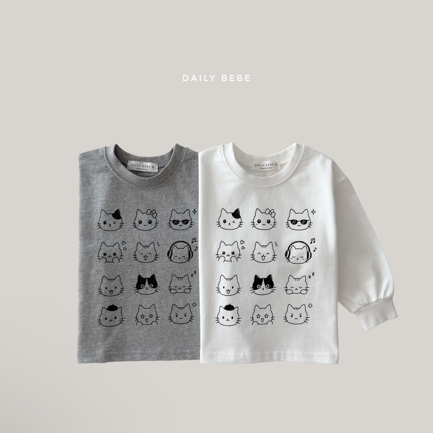 (Pre-order) Daily Bebe Fall - Kids' Cat Emoticon Long-Sleeve Tee 이모티콘T (2 Colors)